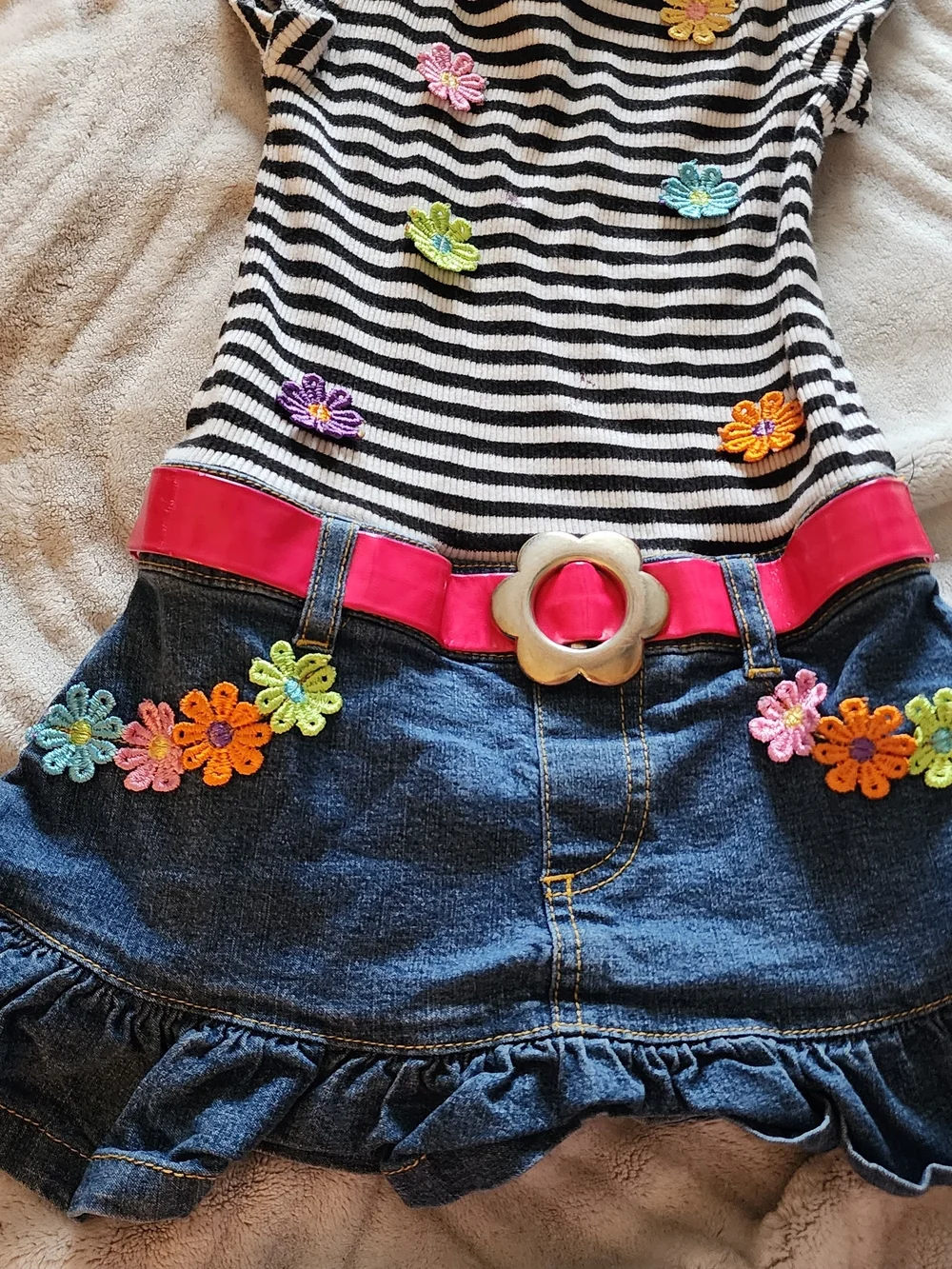 Girls Black & White Striped Floral Appliqué Denim Skirt Dress with Pink Belt